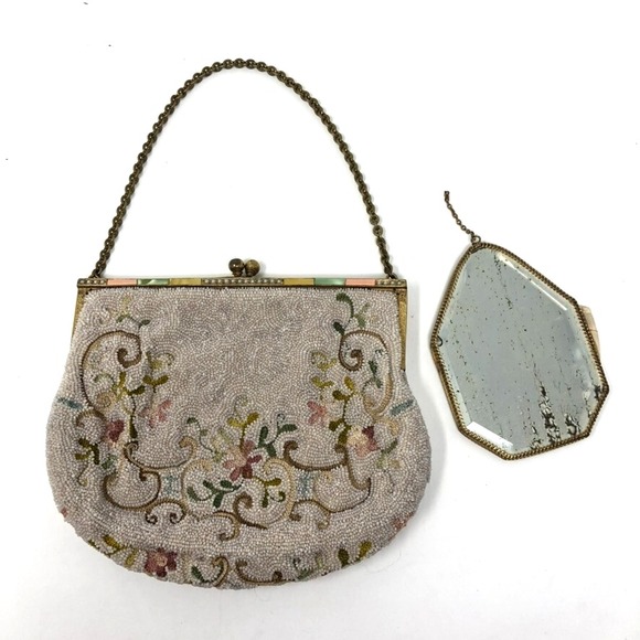 The Unbranded Brand Handbags - Vintage Beaded Clutch Handbag Mirror Set Small Floral Dainty Feminine Coquette